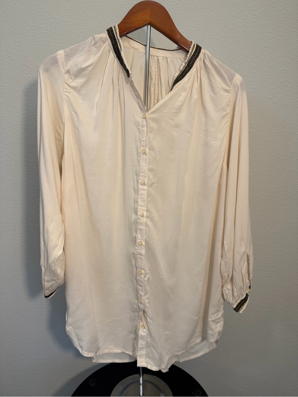 Vintage Boho Cream Button Down Blouse | Embroidered Mandarin Collar Shirt